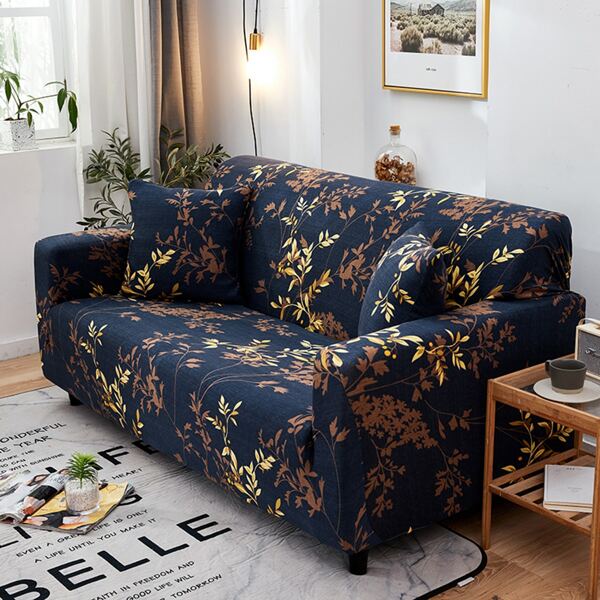 

Leaf Print Stretchy Sofa Cover & 1pc Cushion Cover, Navy blue