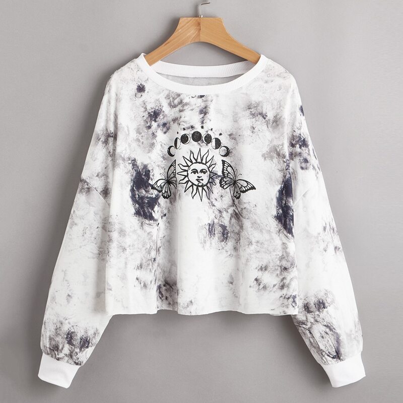 

Sun & Flower Graphic Tie Dye Oversized Tee, Black and white
