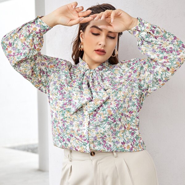 

Plus Tie Neck Ditsy Floral Top, Multicolor