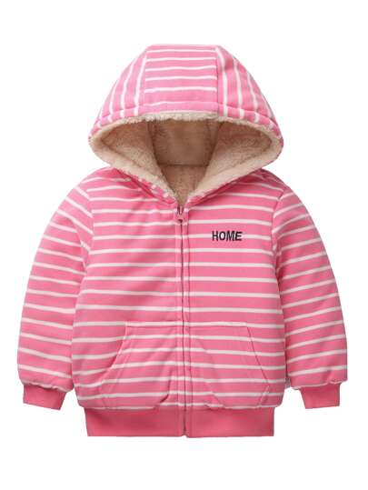 جاكيت مقنع بسستة مخطط ومطرز بعبارة للبنات الصغار