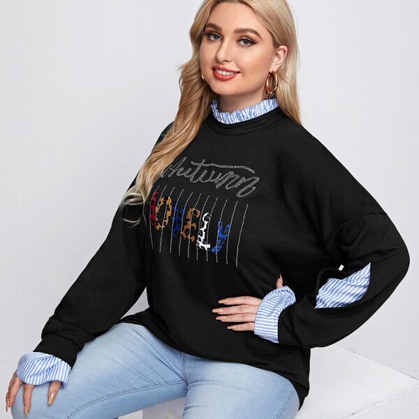 

Plus Striped Frill Neck Rhinestone Front 2 In 1 Sweatshirt, Black