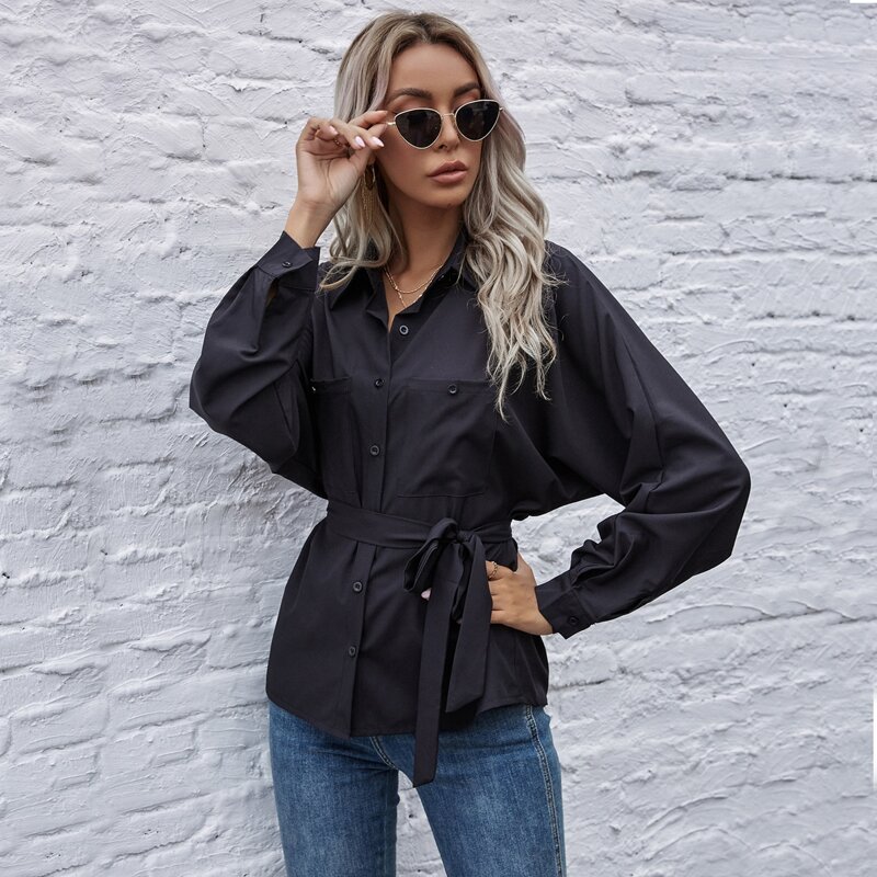 

Solid Button Through Belted Blouse, Black