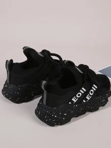 Letter Graphic Lace-up Front Chunky Sneakers, Black Sporty Lace-up Sneakers With Letters Decor For Women - Black - View 2