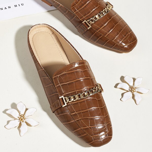 

Chain Decor Croc Embossed Flat Mules, Coffee brown