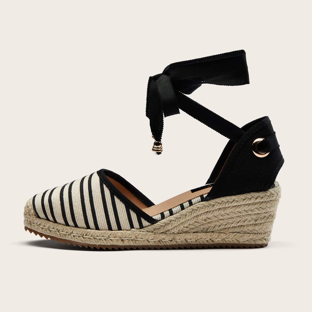 

Striped Graphic Ankle Strap Espadrille Wedges, Black and white