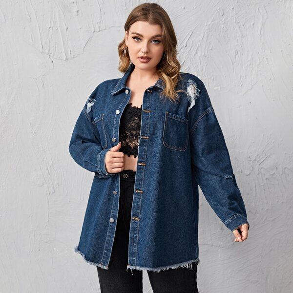 

Plus Drop Shoulder Ripped Denim Jacket, Dark wash