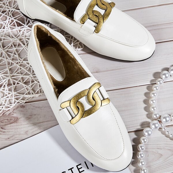 

Chain Decor Faux Fur Lined Loafers, White