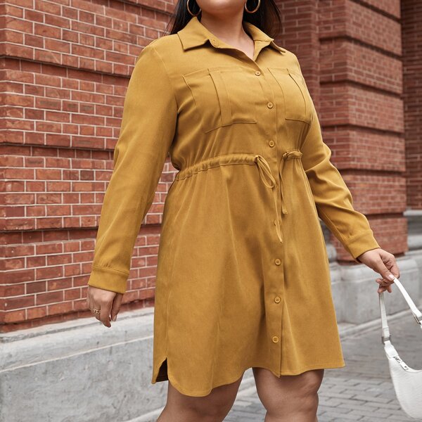 

Plus Suede Dual Pocket Drawstring Waist Shirt Dress, Mustard yellow