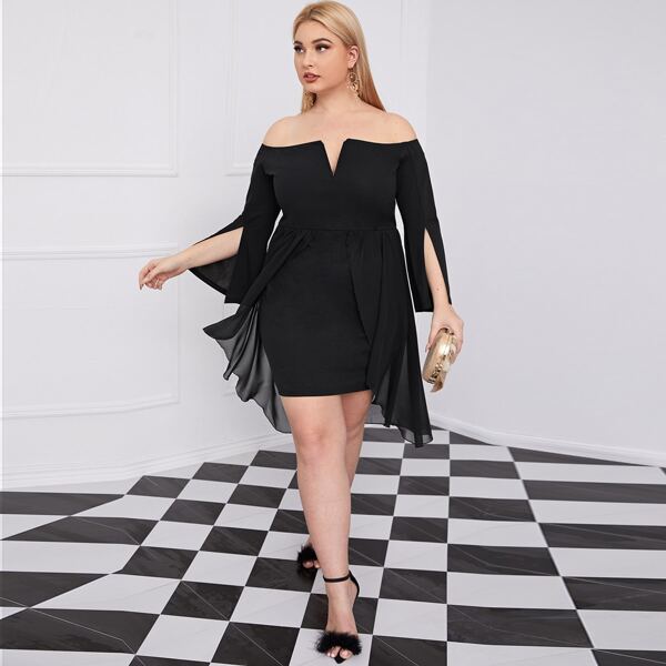 

Plus Off Shoulder Notched Neck Split Sleeve Foldover Hem Dress, Black