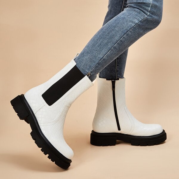 

Braided Design Side Zip Mid Calf Boots, White