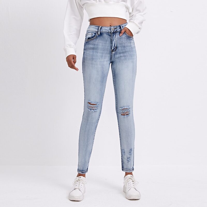 

Slant Pocket Ripped Skinny Jeans, Light wash