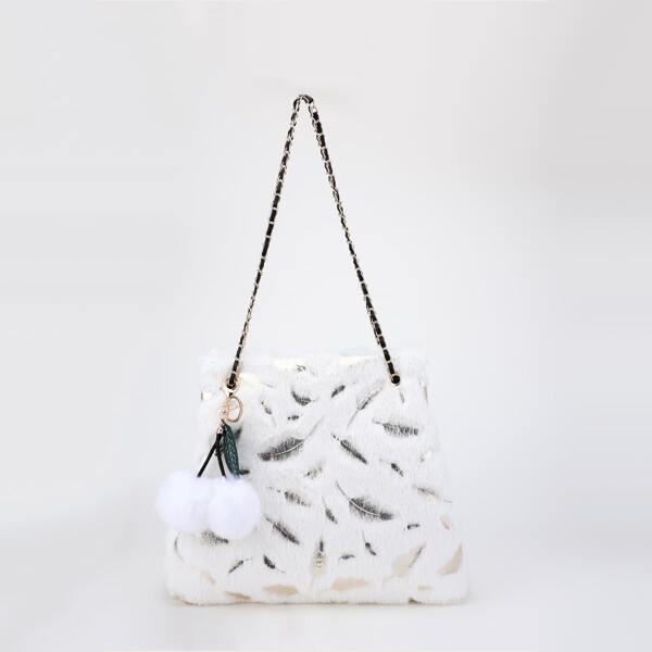 

Feather Graphic Fluffy Tote Bag, White