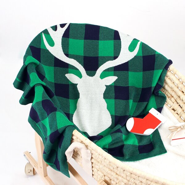

Newborn Boy Deer Print Buffalo Plaid Blanket Photography Prop, Green