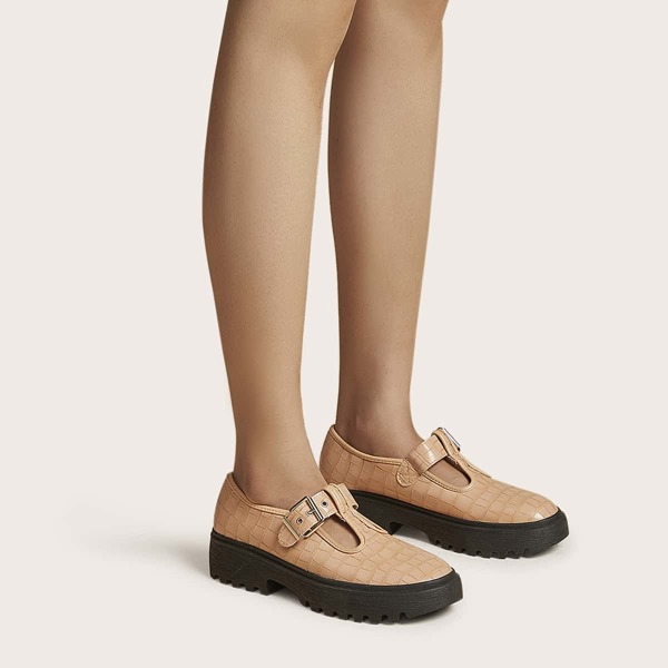

Eyelet Buckle Decor Croc Embossed Flats, Apricot