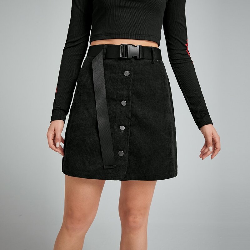 

Solid Corduroy Button Front Skirt With Buckle Belt, Black