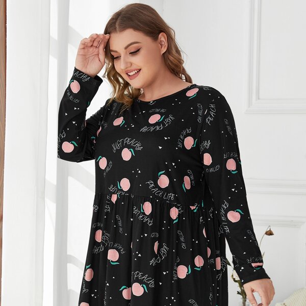

Plus Peach & Letter Graphic Night Dress, Black