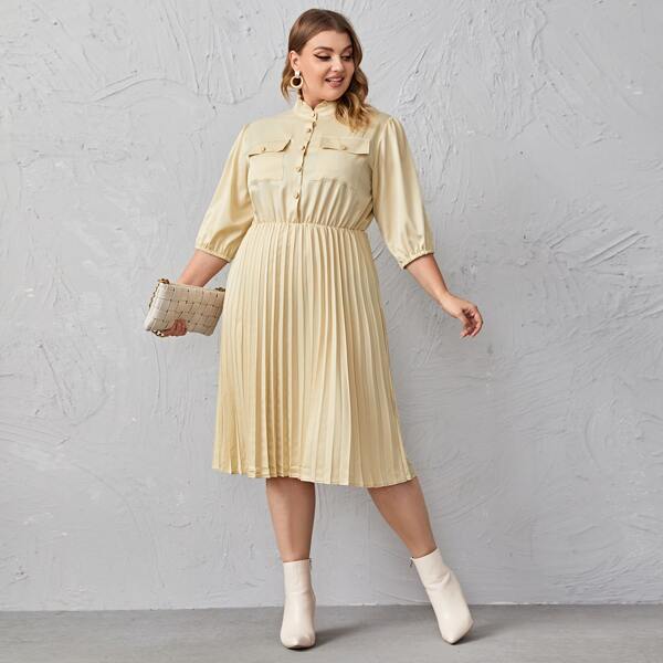 

Plus Frill Neck Half Button Pleated Shirt Dress, Yellow pastel