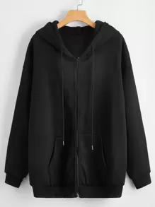 Seusyu 素色拉鏈抽繩連帽運動衫 - 黑色 - 查看 1