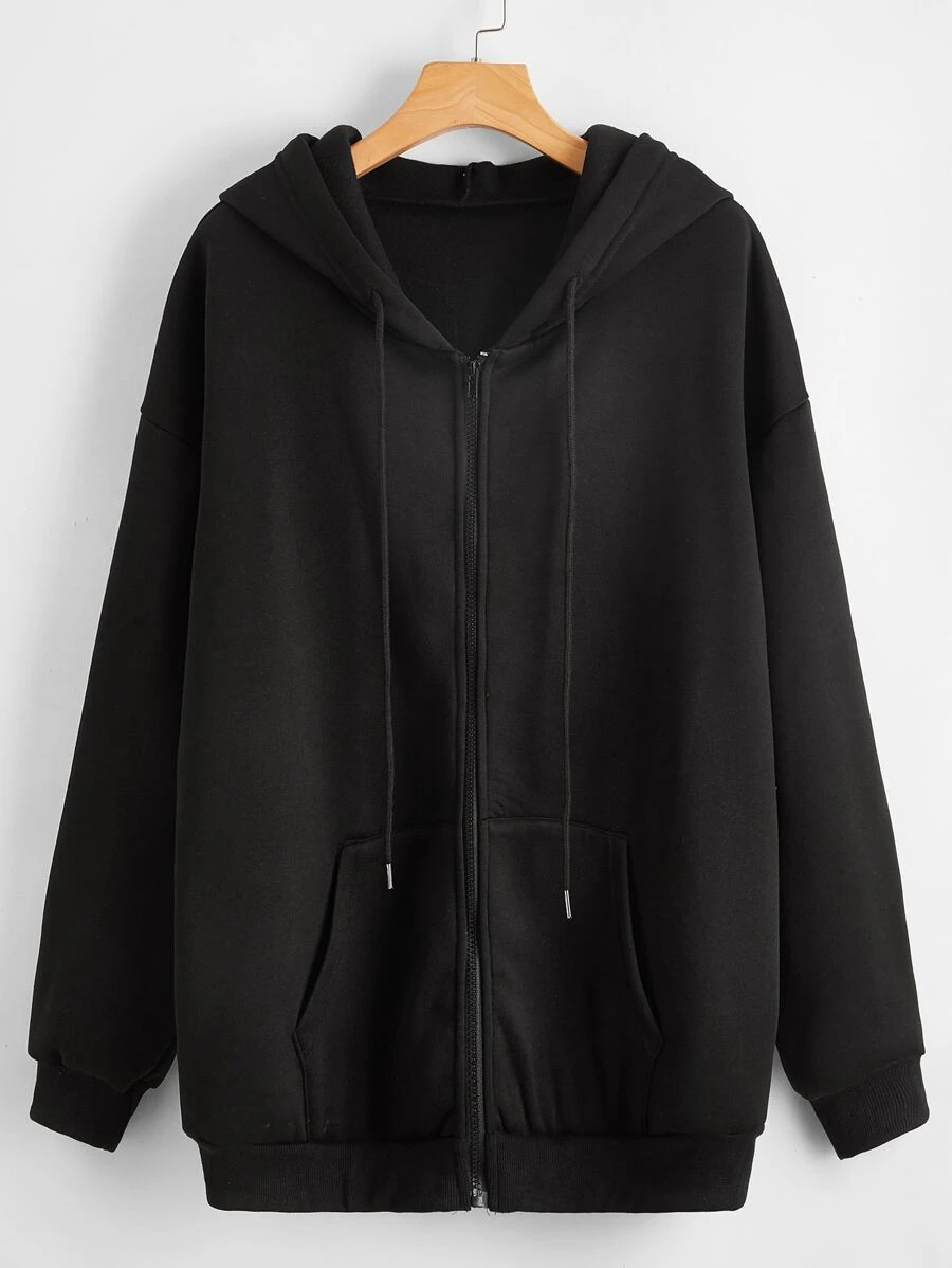 Seusyu 素色拉鏈抽繩連帽運動衫 - 黑色 - 查看 1
