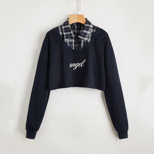 

2 In 1 Letter Graphic Plaid Crop Sweatshirt, Navy blue