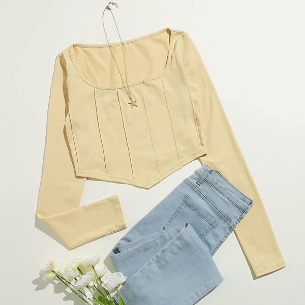 

Solid Scoop Neck Seam Crop Tee, Khaki