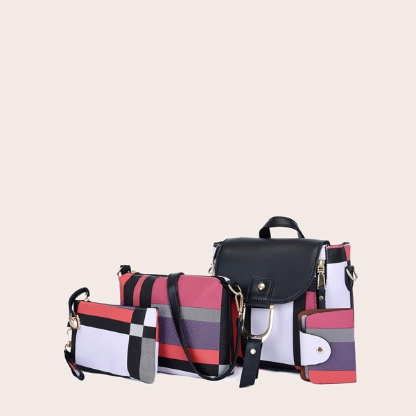 

4pcs Color Block Flap Backpack Set, Multicolor