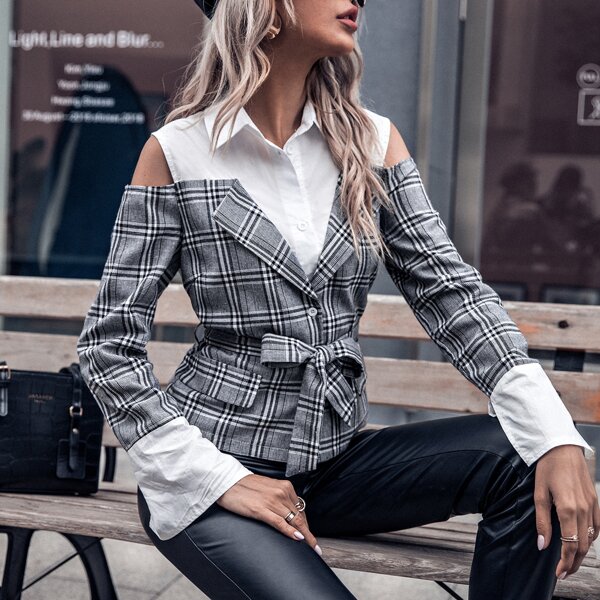 

Spliced Plaid Peekaboo Belted Blouse, Multicolor