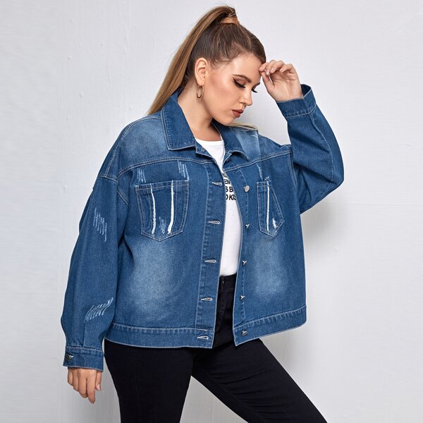 

Plus Drop Shoulder Buttoned Denim Trucker Jacket, Medium wash