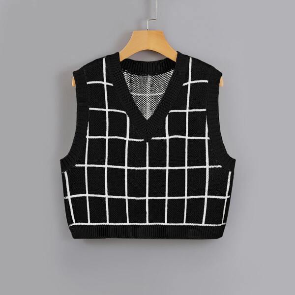 

V-neck Plaid Pattern Sweater Vest, Black