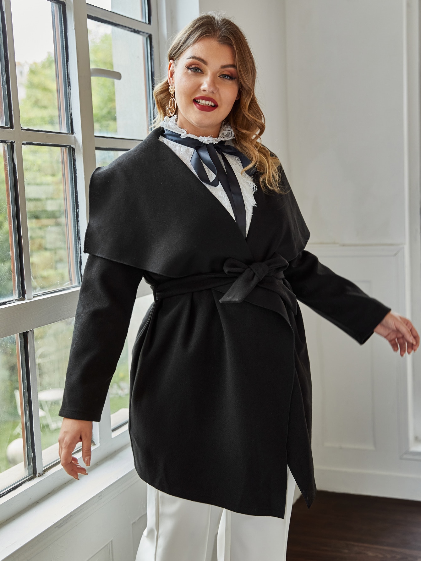 Plus Solid Waterfall Collar Belted Overcoat thumbnail