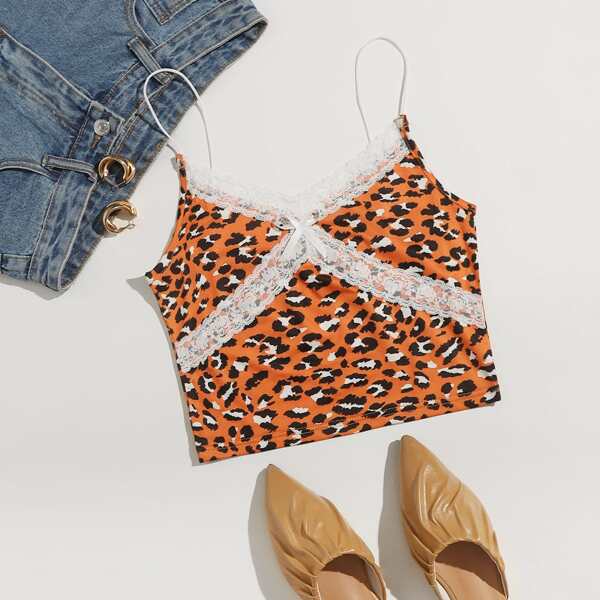 

Lace Panel Leopard Print Crop Cami Top, Burnt orange