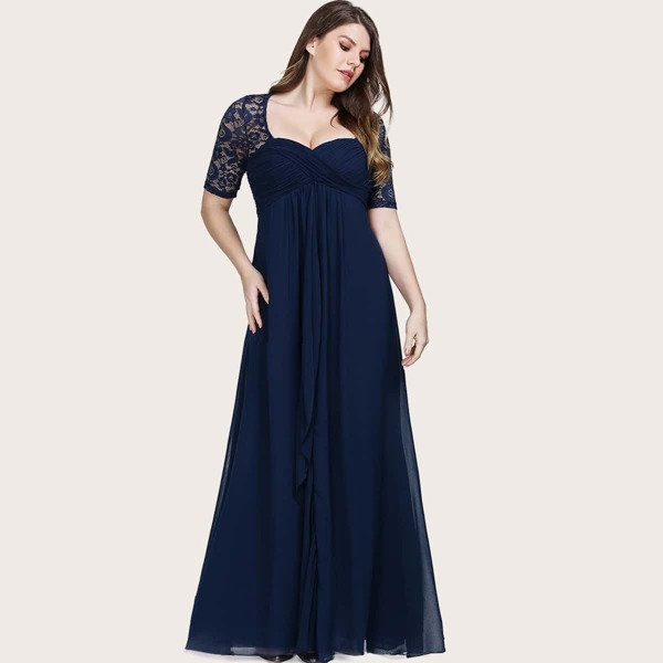 

Plus Lace Panel Pleated Chiffon Prom Dress, Navy blue