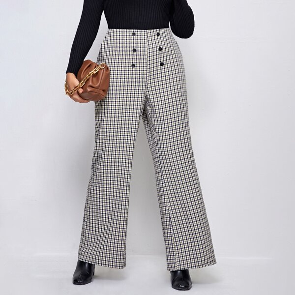 

Plus Plaid Double Button Wide-leg Pants, Multicolor