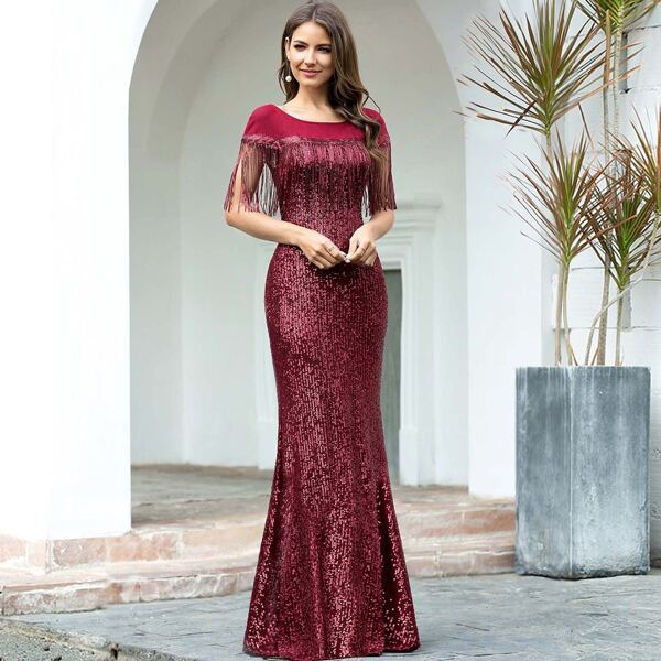 

Fringe Trim Sequin Mermaid Prom Dress, Burgundy