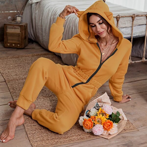 

Zip Up Ear Hooded Jumpsuit, Mustard yellow