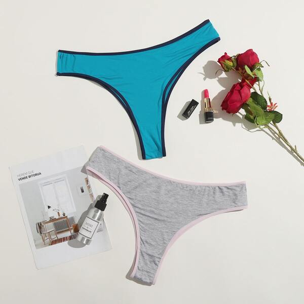 

2pack Plus Contrast Binding Panty Set, Multicolor