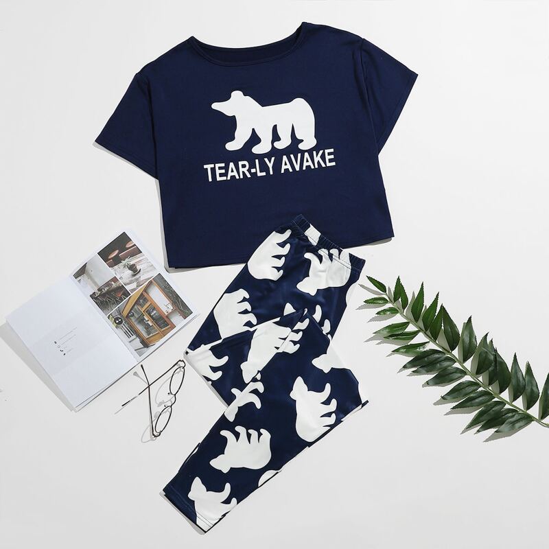 

Cartoon And Letter Graphic Pajama Set, Blue and white