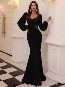 Missord Sweetheart Neck Buckle Belted Lantern Sleeve Velvet Prom Dress - Black - View 1