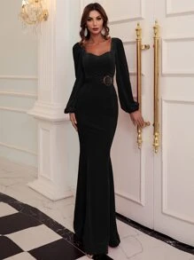 Missord Sweetheart Neck Buckle Belted Lantern Sleeve Velvet Prom Dress - Black - View 3