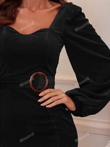Missord Sweetheart Neck Buckle Belted Lantern Sleeve Velvet Prom Dress