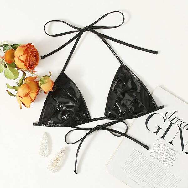 

Plus PU Contrast Mesh Bralette, Black