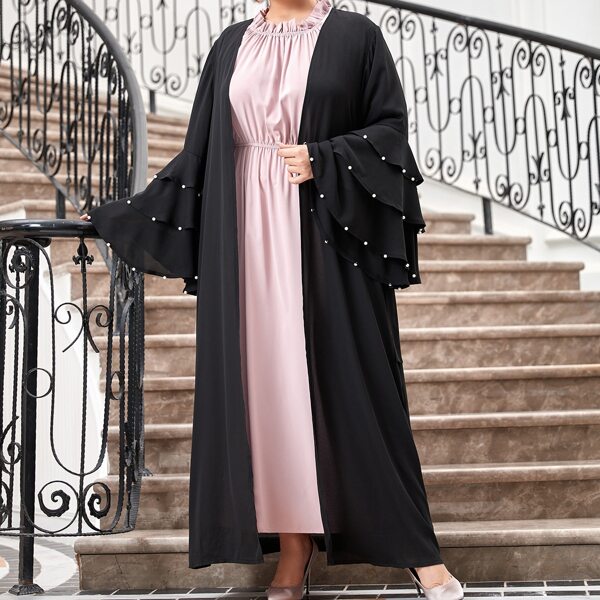 

Plus Layered Sleeve Pearls Detail Self Tie Kimono, Black