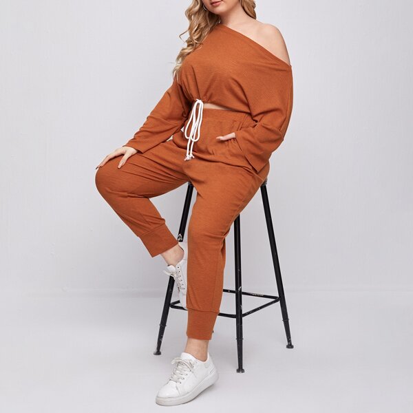 

Plus Oblique Shoulder Drawstring Hem Tee & Pants, Ginger
