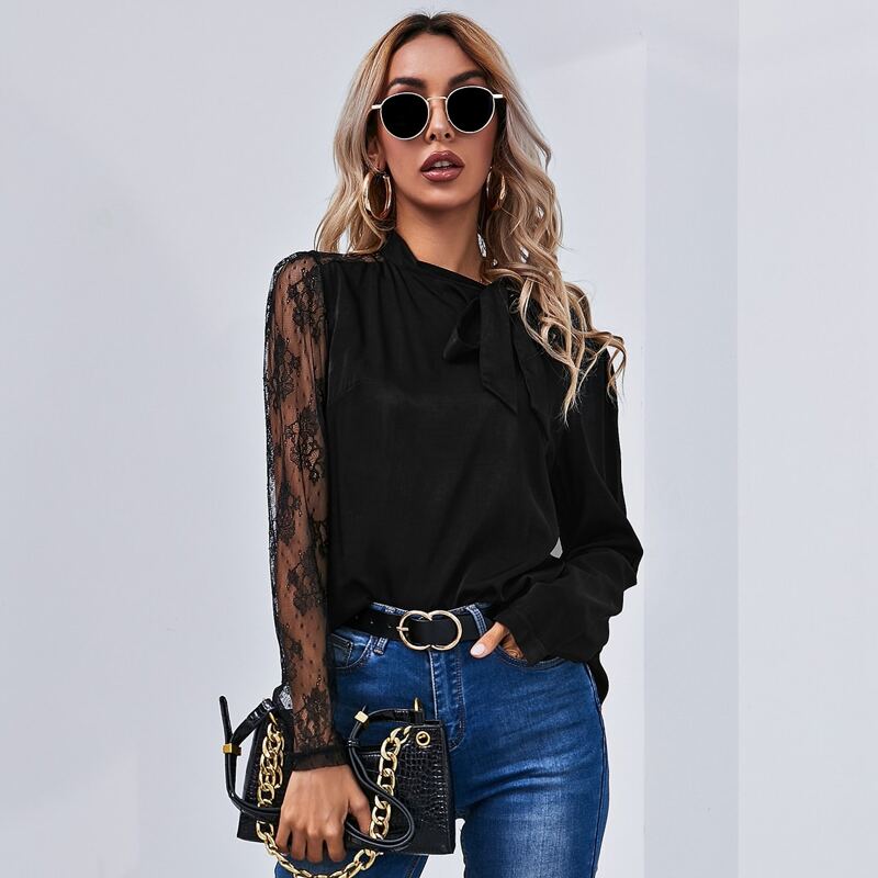 

Tie Neck Lace Sleeve Top, Black