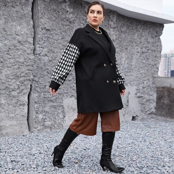 

Plus Notch Collar Plaid Sleeve Pea Overcoat, Black