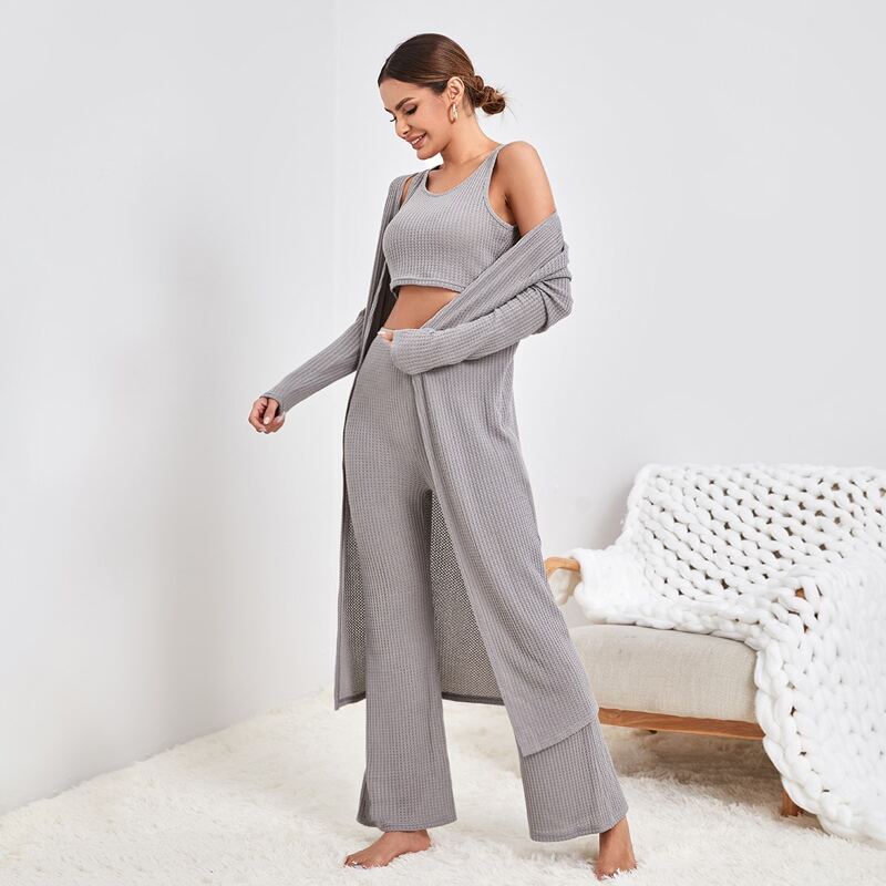 

3pcs Solid Elastic Waist Waffle Lounge Set, Light grey