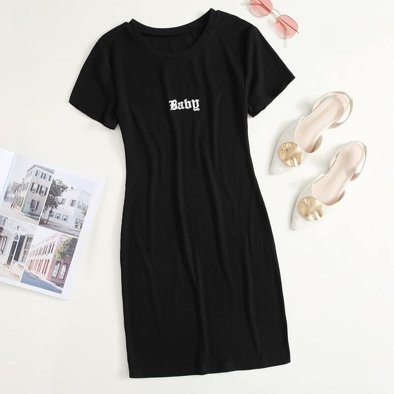 

Letter Embroidery Ribbed Tee Dress, Black