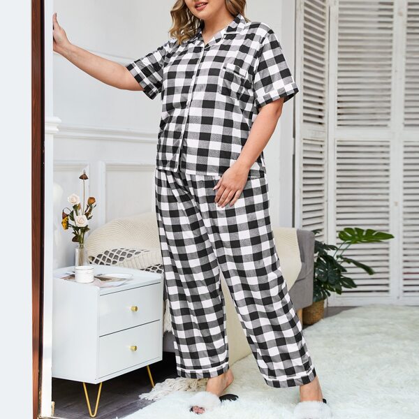 

Plus Lapel Collar Gingham Button Front Pajama Set, Black and white