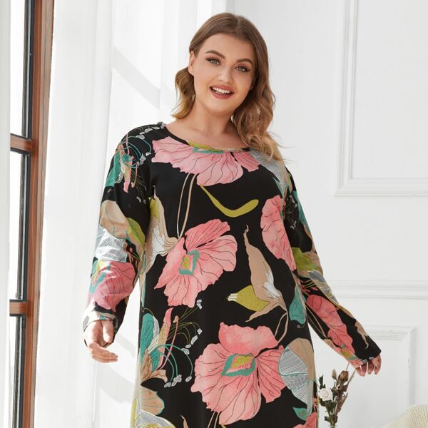 

Plus Large Floral Ruffle Hem Night Dress, Multicolor
