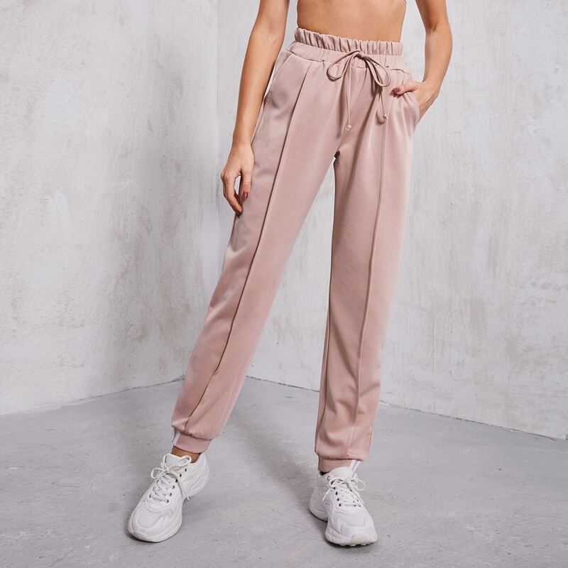 

Tie Front Pocket Side Sports Pants, Dusty pink